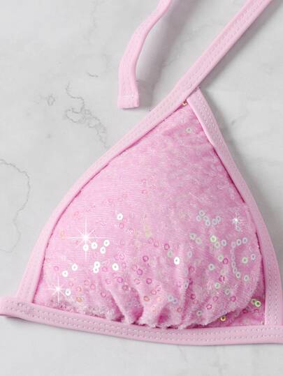 Swim متألق ترتر طقم بيكيني صغير مثلث حمالة صدر & سروال داخلي ثونغ لباس قيعان 2قطع بدلة سباحة