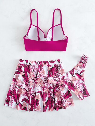 SHEIN Swim مجموعة بيكيني وتنورة شاطئية بطبعة استوائية، مكونة من 3 حزم، ومزودة بطباعة موشور شاطئي