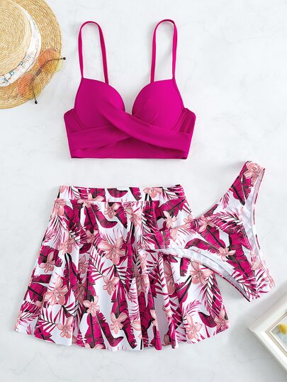 SHEIN Swim مجموعة بيكيني وتنورة شاطئية بطبعة استوائية، مكونة من 3 حزم، ومزودة بطباعة موشور شاطئي