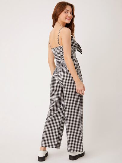 EZwear جمبسوت كامي بطباعة مربعات غنغهام ربطة امامية