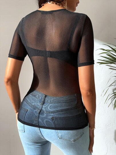 SHEIN Tall لباس علوي موحدة اللون ياقة دائري شبكة بدون حمالة صدر