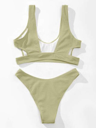 طقم تانكيني حريمي Swim طقم بكيني بتصميم قطع أحادي اللون مضلع ، خزان بفتحة وحمالة سلكية وسروال بكيني قطعتان