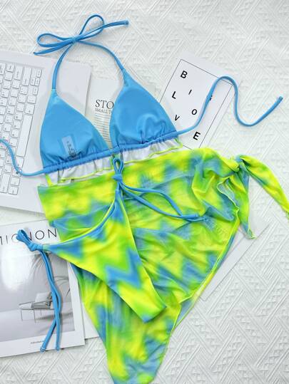 Swim Vcay بدلة السباحة للنساء صيف شاطئ متعددة الألوان مجموعة بكيني فريل جزء علوي مثلث وجزء سفلي فندردال وتنورة شاطئ 3 قطع