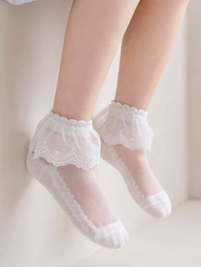 جوارب طفل بحافة دانتيل وسط الساق شفافة بنمط رفيع - زوج واحد