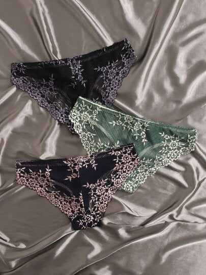 Shein Underwear&Sleepwear Basics ثلاثة سروال دانتيل نسائي بنمط الأزهار