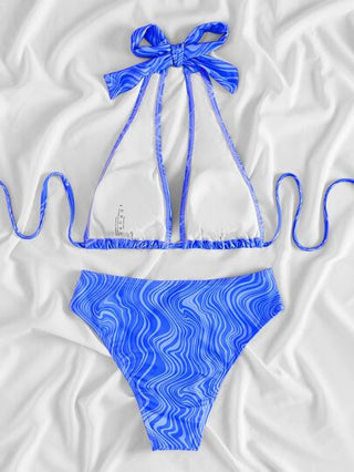 Swim بيكيني صيفي بنمط سائل مع ربطة عنق على العنق وخصر عالي