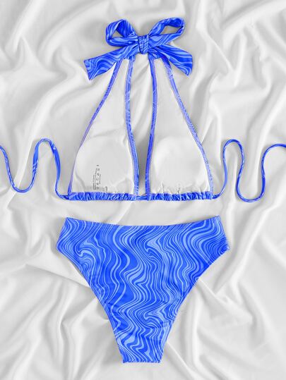 Swim بيكيني صيفي بنمط سائل مع ربطة عنق على العنق وخصر عالي