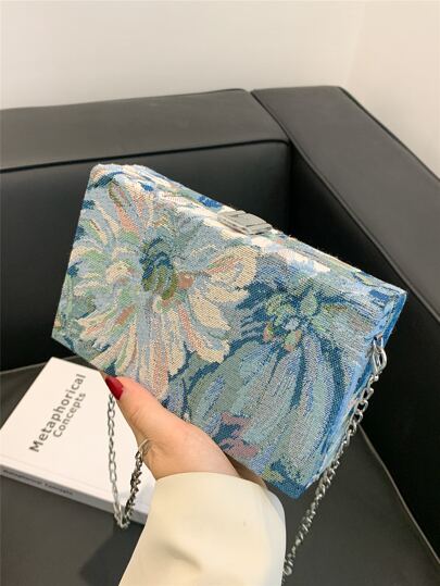 حقيبة كروسبودي نسائية مطرزة جديدة، حقيبة كتف/يد معدنية ذات سلسلة، محفظة محددة الشكل أنيقة برسم زيتي عشوائي بنقشة الأزهار، هدية للسيدات