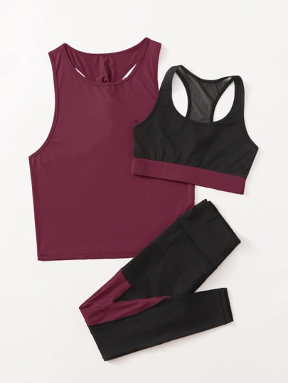 SHEIN Sport Studio مجموعة ملابس تمرين رياضي 3 قطع تشمل ملابس علوية ذو ظهر ملتوي وسروال بخصر واسع مع خاصية التهوية واللين للياقة البدنية والتمارين الرياضية للسيدات