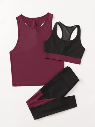 SHEIN Sport Studio مجموعة ملابس تمرين رياضي 3 قطع تشمل ملابس علوية ذو ظهر ملتوي وسروال بخصر واسع مع خاصية التهوية واللين للياقة البدنية والتمارين الرياضية للسيدات