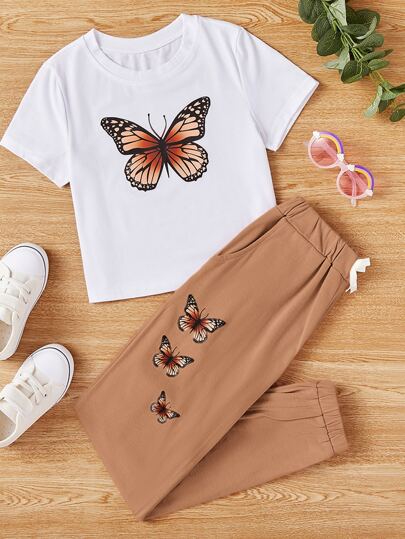 girls-sets بنطال رياضي وتيشيرت بطباعة الفراشات للبنات المراهقات، مجموعة رياضية حيوية،طباعة فراشة ساطعة، قماش ناعم ومريح قابل للتنفس
