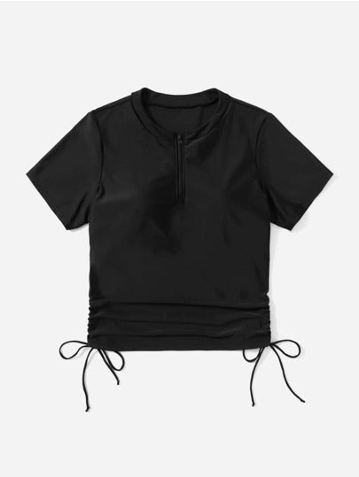 Swim Basics لباس علوي تانكيني أكمام قصيرة رباط جانبي ربع سستة امامي عنق عالي مقاس كبير
