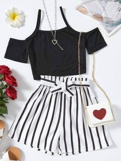 girls-sets بنات كتف مكشوف تي شيرت مع مخطط شورت بحزام