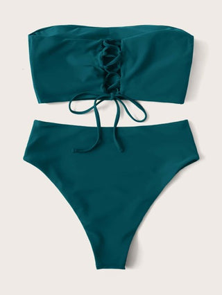 Swim موحدة اللون طقم بيكيني برباط خلفي بجانبين أنبوب حمالة صدر & خصر عالي لباس قيعان 2قطع بدلة سباحة