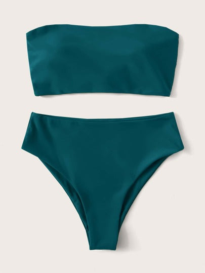 Swim موحدة اللون طقم بيكيني برباط خلفي بجانبين أنبوب حمالة صدر & خصر عالي لباس قيعان 2قطع بدلة سباحة