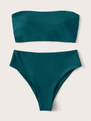 Swim موحدة اللون طقم بيكيني برباط خلفي بجانبين أنبوب حمالة صدر & خصر عالي لباس قيعان 2قطع بدلة سباحة