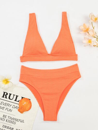 Swim بيكيني عنق V م texturized للشاطئ الصيفي، ملابس الاستحمام