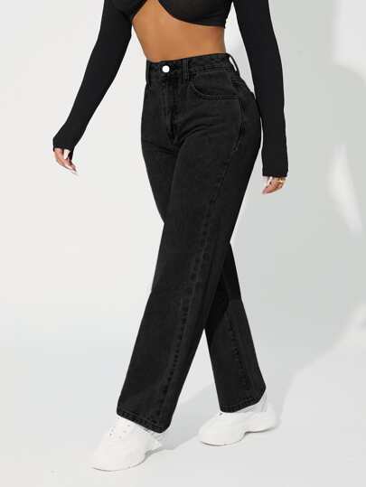 SHEIN PETITE جينز بساق مستقيم خصر عالي