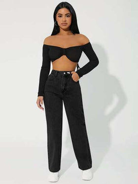 SHEIN PETITE جينز بساق مستقيم خصر عالي