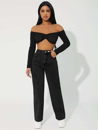 SHEIN PETITE جينز بساق مستقيم خصر عالي