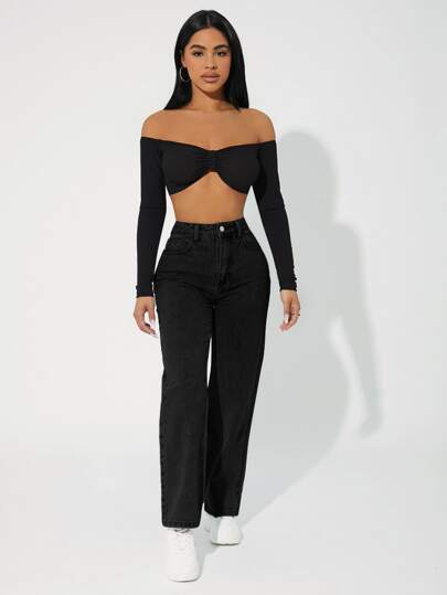 SHEIN PETITE جينز بساق مستقيم خصر عالي