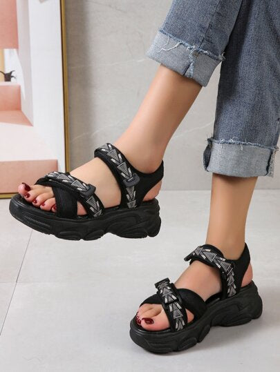 نساء لاصق سحري صنادل رياضي , رياضي ألوان متجانسة الصنادل حزام الكاحل