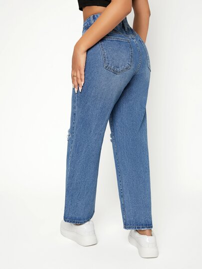 SHEIN PETITE جينز بساق مستقيم خصر عالي ممزق