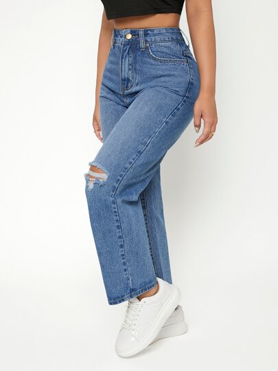 SHEIN PETITE جينز بساق مستقيم خصر عالي ممزق