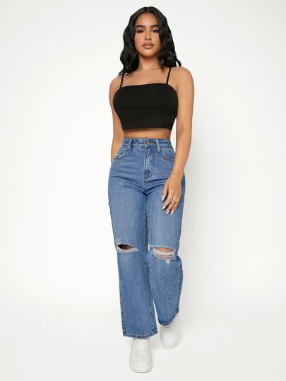 SHEIN PETITE جينز بساق مستقيم خصر عالي ممزق