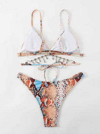 Swim SXY بطباعة جلد الثعبان طقم بيكيني بديكور حجر الراين مثلث حمالة صدر & قص عالي لباس قيعان 2قطع بدلة سباحة