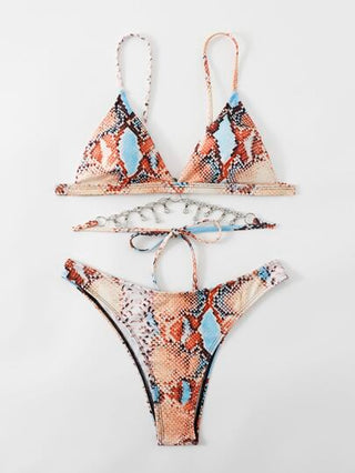 Swim SXY بطباعة جلد الثعبان طقم بيكيني بديكور حجر الراين مثلث حمالة صدر & قص عالي لباس قيعان 2قطع بدلة سباحة