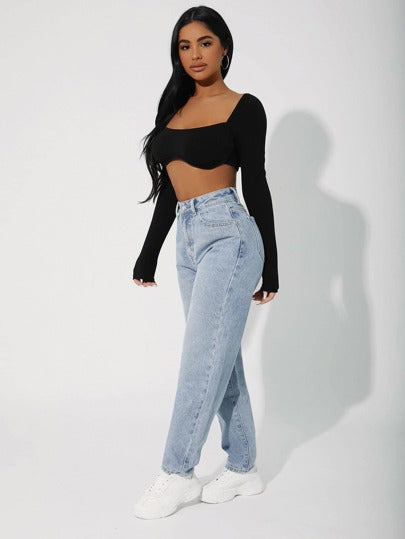 SHEIN PETITE جينز مام ضيق بسحاب وخصر عالي