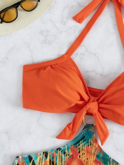 Swim Vcay طقم بكيني صيفي مطبوع بطباعة استوائية تريكو هالتر أمامي مربوط ملابس علوية بكيني لاسلكي وسروال بكيني وتنورة تغطية قطعة 3 قطع بكيني ، بدلة السباحة