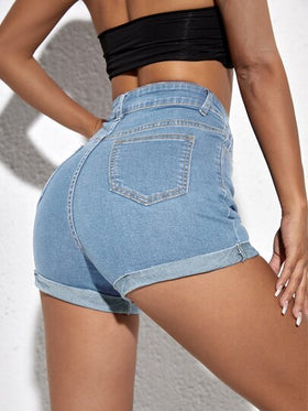 SHEIN ICON شورت دنيم خصر عالي بحافة ملتف
