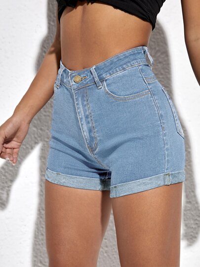 SHEIN ICON شورت دنيم خصر عالي بحافة ملتف