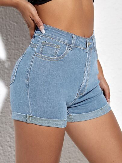 SHEIN ICON شورت دنيم خصر عالي بحافة ملتف
