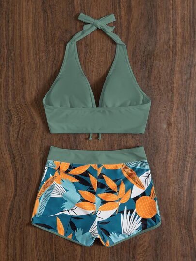 Swim Lushoire طقم بيكيني عشوائي طباعة ورقة ربطة امامية رسن حمالة صدر & شورت دولفين 2قطع بدلة سباحة