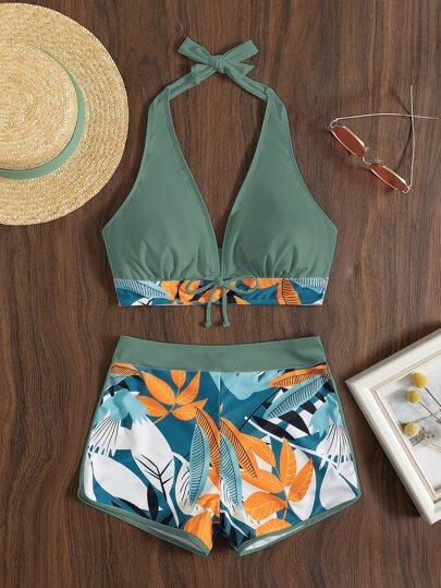 Swim Lushoire طقم بيكيني عشوائي طباعة ورقة ربطة امامية رسن حمالة صدر & شورت دولفين 2قطع بدلة سباحة