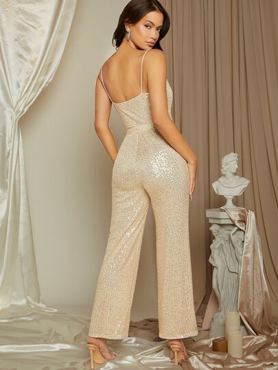 SHEIN Belle جمبسوت أنيقة لرأس السنة بياقة متدلية ، أكمام بلا أكمام، لامعة، مناسبة لضيوف الزفاف