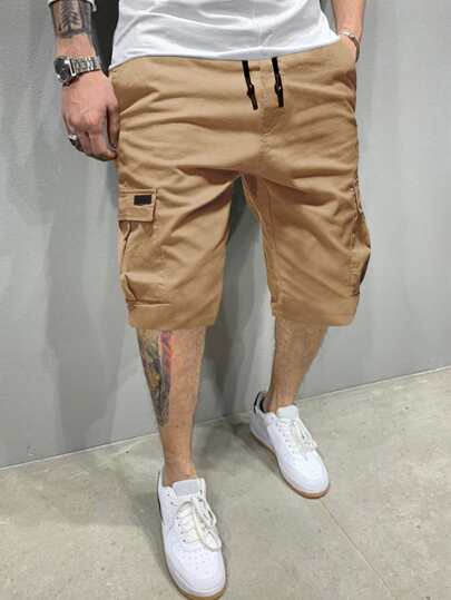 Manfinity Homme شورتات كارجو رجالي مع جيوب وسحاب، ملابس الشارع، اللون الخاكي