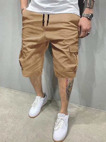 Manfinity Homme شورتات كارجو رجالي مع جيوب وسحاب، ملابس الشارع، اللون الخاكي