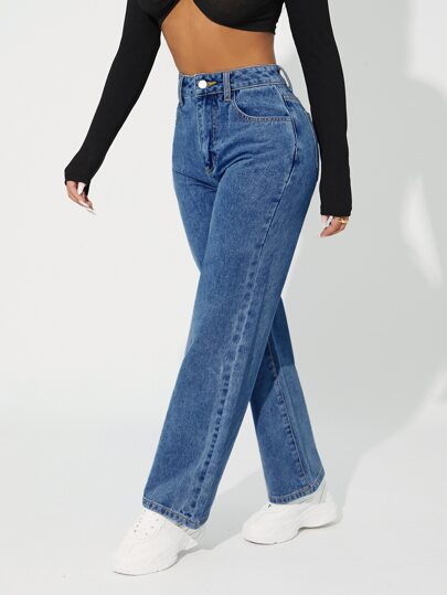 SHEIN PETITE جينز متوسط الخصر بساق مستقيمة، جينز نسائي عادي بأزرار وجيوب وغسيل، بيج طويل بخصر مرتفع وساق مستقيمة من قطن بتصميم عادي، للارتداء اليومي خلال الربيع والخريف