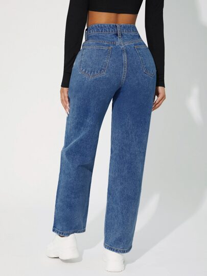 SHEIN PETITE جينز متوسط الخصر بساق مستقيمة، جينز نسائي عادي بأزرار وجيوب وغسيل، بيج طويل بخصر مرتفع وساق مستقيمة من قطن بتصميم عادي، للارتداء اليومي خلال الربيع والخريف
