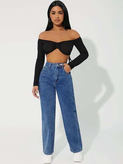 SHEIN PETITE جينز متوسط الخصر بساق مستقيمة، جينز نسائي عادي بأزرار وجيوب وغسيل، بيج طويل بخصر مرتفع وساق مستقيمة من قطن بتصميم عادي، للارتداء اليومي خلال الربيع والخريف