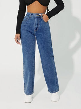 SHEIN PETITE جينز متوسط الخصر بساق مستقيمة، جينز نسائي عادي بأزرار وجيوب وغسيل، بيج طويل بخصر مرتفع وساق مستقيمة من قطن بتصميم عادي، للارتداء اليومي خلال الربيع والخريف