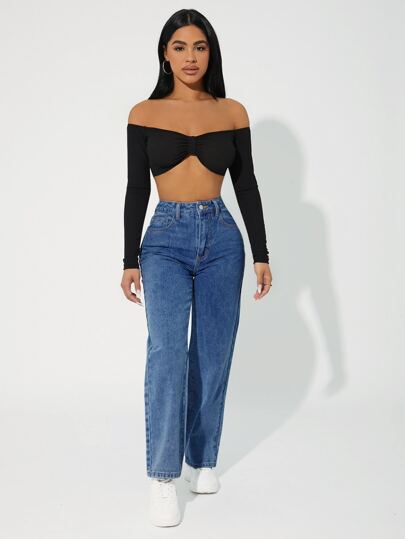 SHEIN PETITE جينز متوسط الخصر بساق مستقيمة، جينز نسائي عادي بأزرار وجيوب وغسيل، بيج طويل بخصر مرتفع وساق مستقيمة من قطن بتصميم عادي، للارتداء اليومي خلال الربيع والخريف