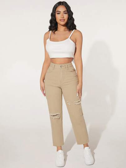 SHEIN PETITE بنطلون جينز ممزق موحدة اللون خصر عالي