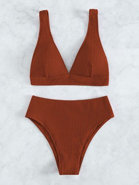 Swim Basics طقم بكيني منسوج لصيف الشاطئ سرّاويل بكيني عالية الخصر وصدرية بكيني لاسلكية قطعتان مجموعة بكيني
