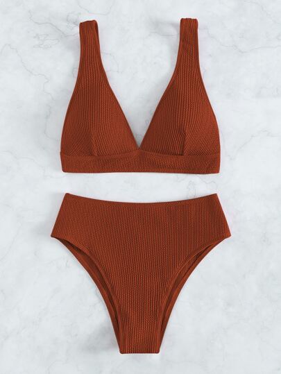 Swim Basics طقم بكيني منسوج لصيف الشاطئ سرّاويل بكيني عالية الخصر وصدرية بكيني لاسلكية قطعتان مجموعة بكيني