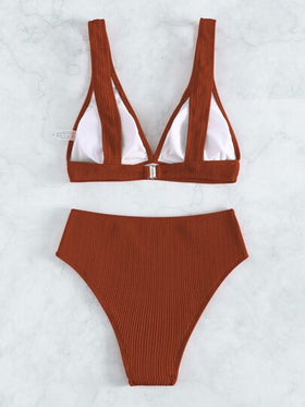 Swim Basics طقم بكيني منسوج لصيف الشاطئ سرّاويل بكيني عالية الخصر وصدرية بكيني لاسلكية قطعتان مجموعة بكيني